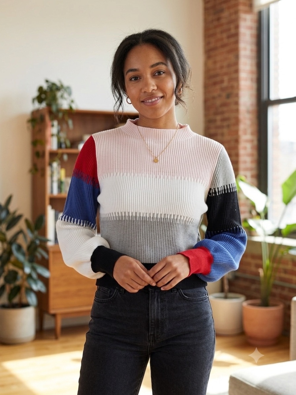 French Connection Colorblock Rib Knit Mock Neck Sweater Medium Artzy Strech